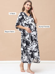 Floral Print Black & White Rayon Maternity Kaftan Calf Length