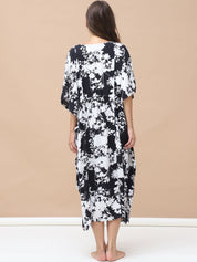 Floral Print Black & White Rayon Maternity Kaftan Calf Length