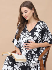 Floral Print Black & White Rayon Maternity Kaftan Calf Length
