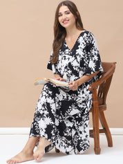 Floral Print Black & White Rayon Maternity Kaftan Calf Length