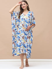 Floral Print Blue Rayon Maternity Kaftan Calf Length