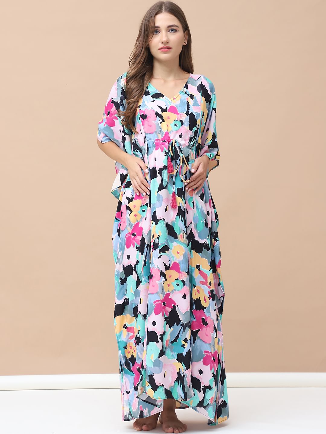 Floral Print Multi Rayon Maternity Kaftan Full Length