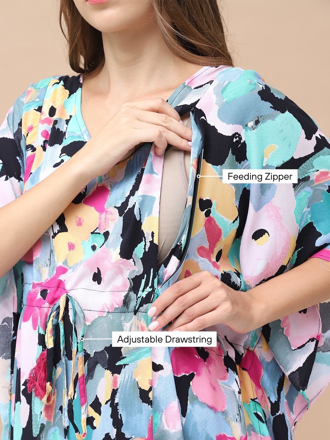 Floral Print Multi Rayon Maternity Kaftan Full Length