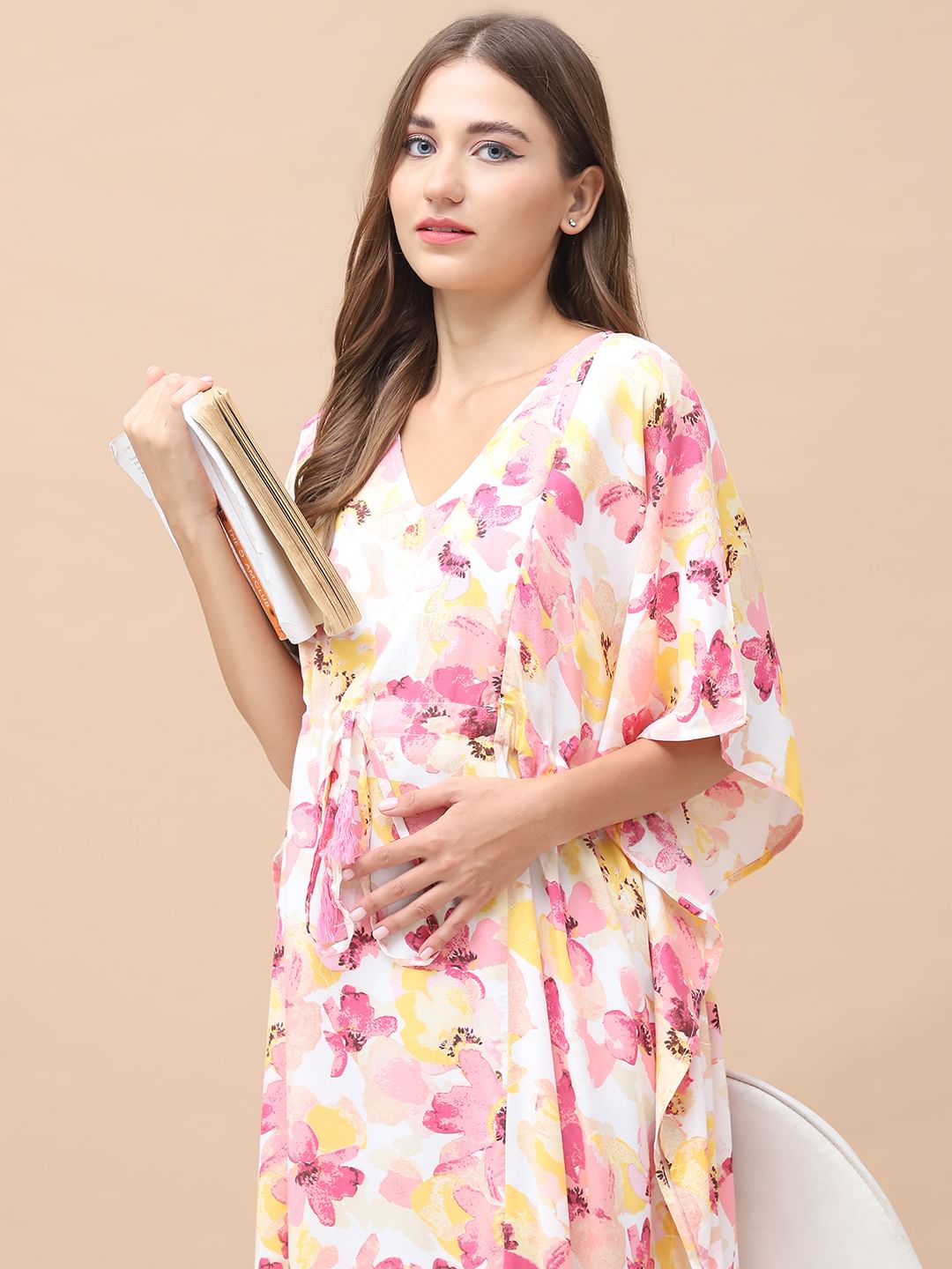 Floral Print Peach Rayon Maternity Kaftan Full Length