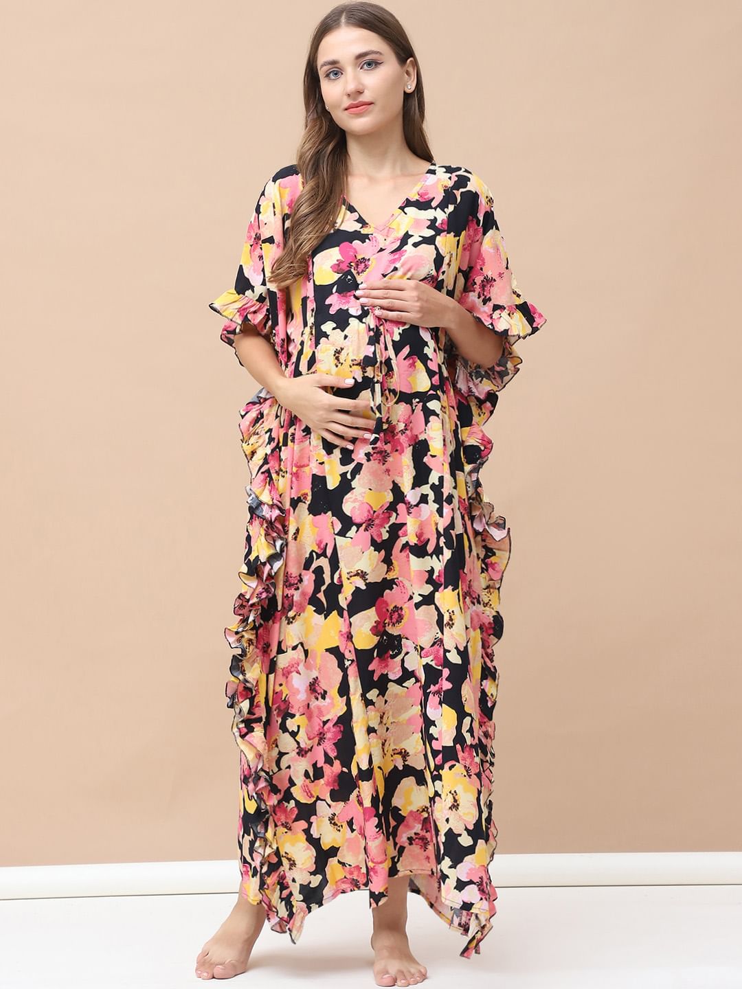 Floral Print Multi Rayon Maternity Kaftan Full Length