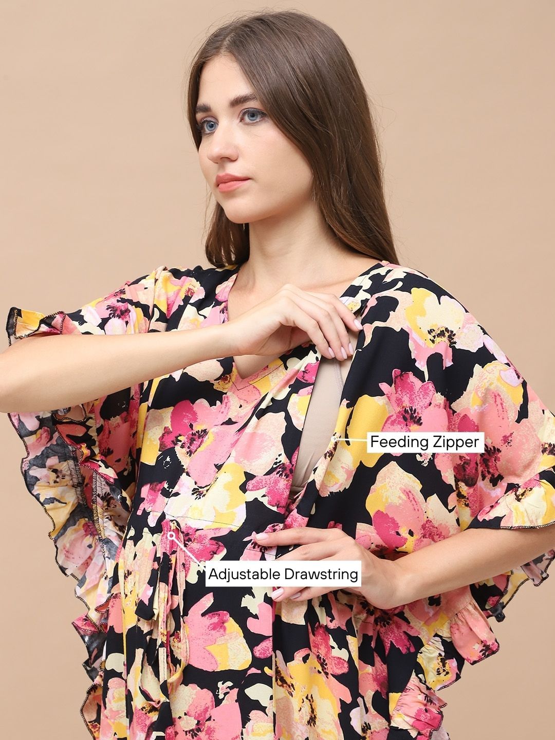 Floral Print Multi Rayon Maternity Kaftan Full Length
