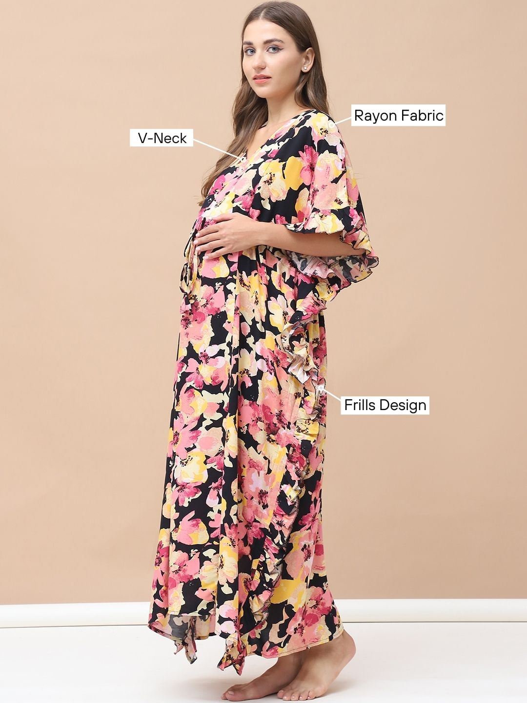 Floral Print Multi Rayon Maternity Kaftan Full Length