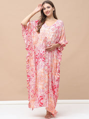 Floral Print Pink Rayon Maternity Kaftan Full Length