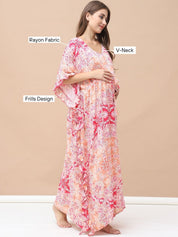 Floral Print Pink Rayon Maternity Kaftan Full Length