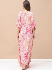 Floral Print Pink Rayon Maternity Kaftan Full Length
