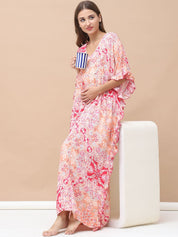 Floral Print Pink Rayon Maternity Kaftan Full Length