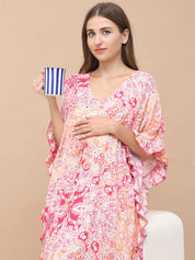 Floral Print Pink Rayon Maternity Kaftan Full Length