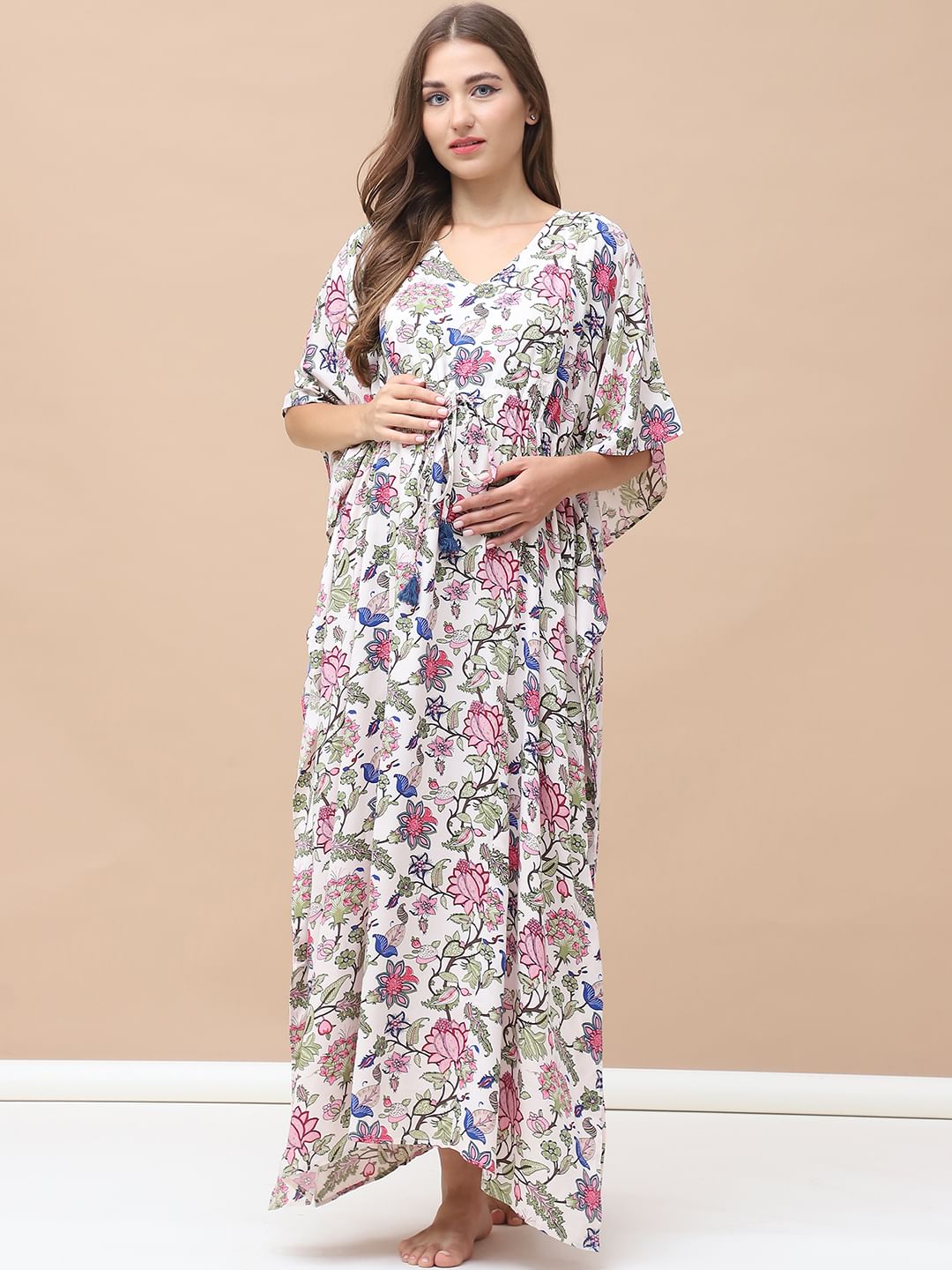 Floral Print Light Pink Rayon Maternity Kaftan Full Length