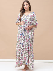 Floral Print Light Pink Rayon Maternity Kaftan Full Length