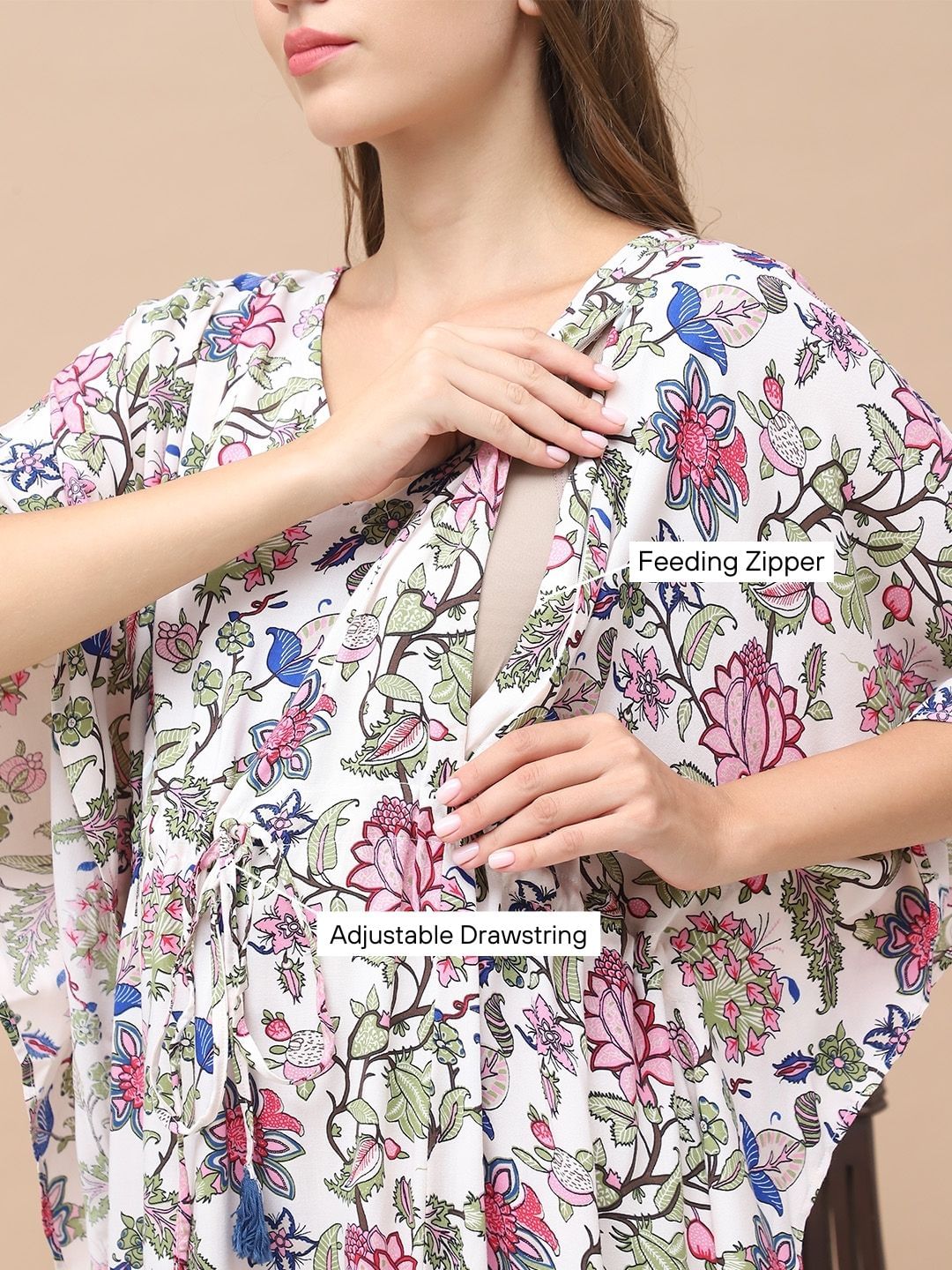 Floral Print Light Pink Rayon Maternity Kaftan Full Length