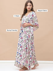 Floral Print Light Pink Rayon Maternity Kaftan Full Length