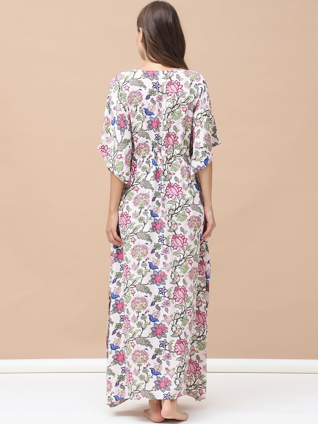 Floral Print Light Pink Rayon Maternity Kaftan Full Length