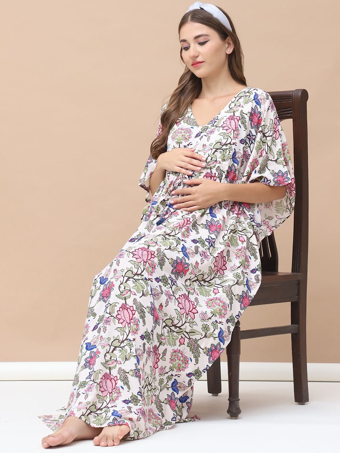 Floral Print Light Pink Rayon Maternity Kaftan Full Length