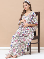Floral Print Light Pink Rayon Maternity Kaftan Full Length