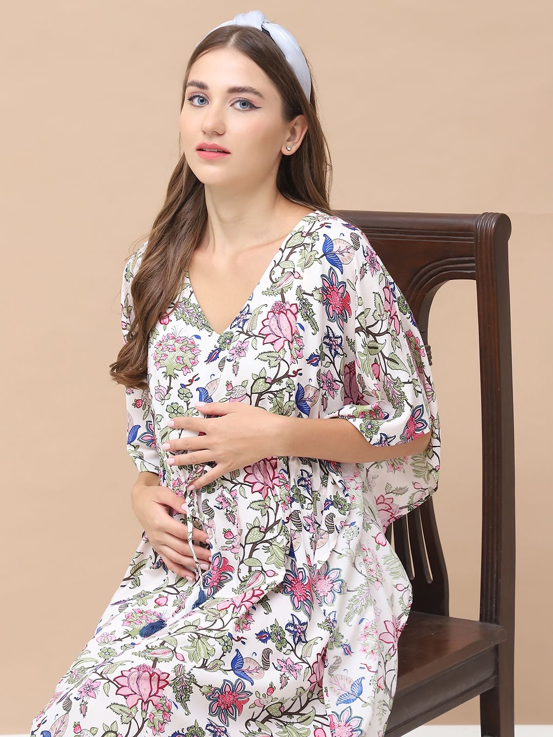 Floral Print Light Pink Rayon Maternity Kaftan Full Length