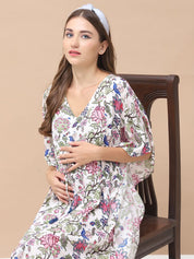 Floral Print Light Pink Rayon Maternity Kaftan Full Length