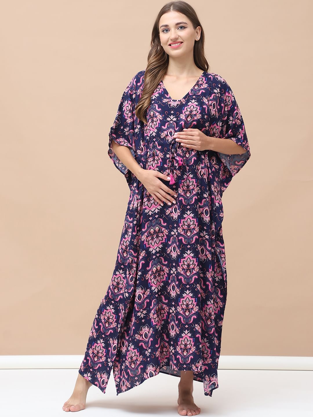 Printed Navy Blue Rayon Maternity Kaftan Full Length