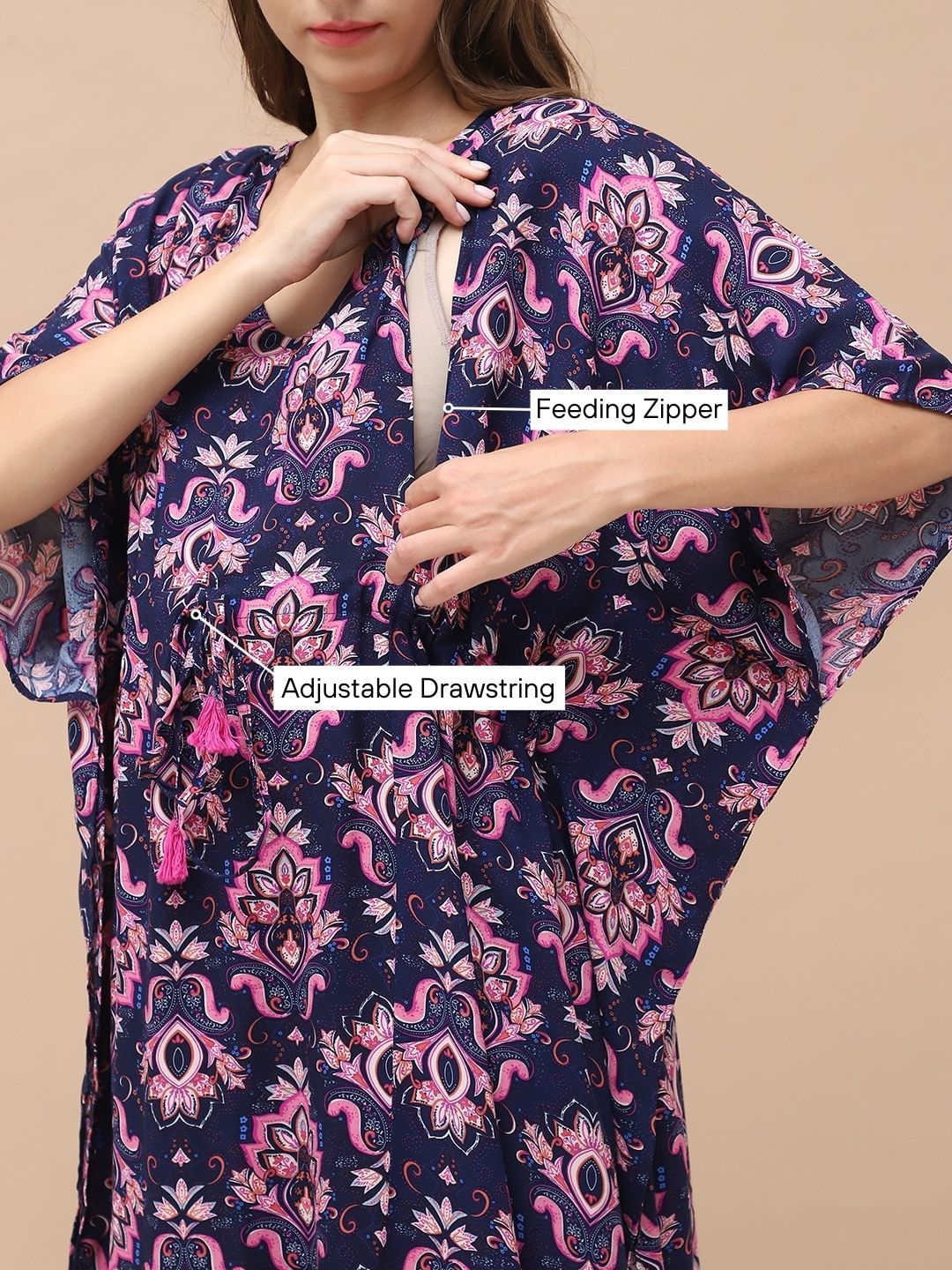 Printed Navy Blue Rayon Maternity Kaftan Full Length