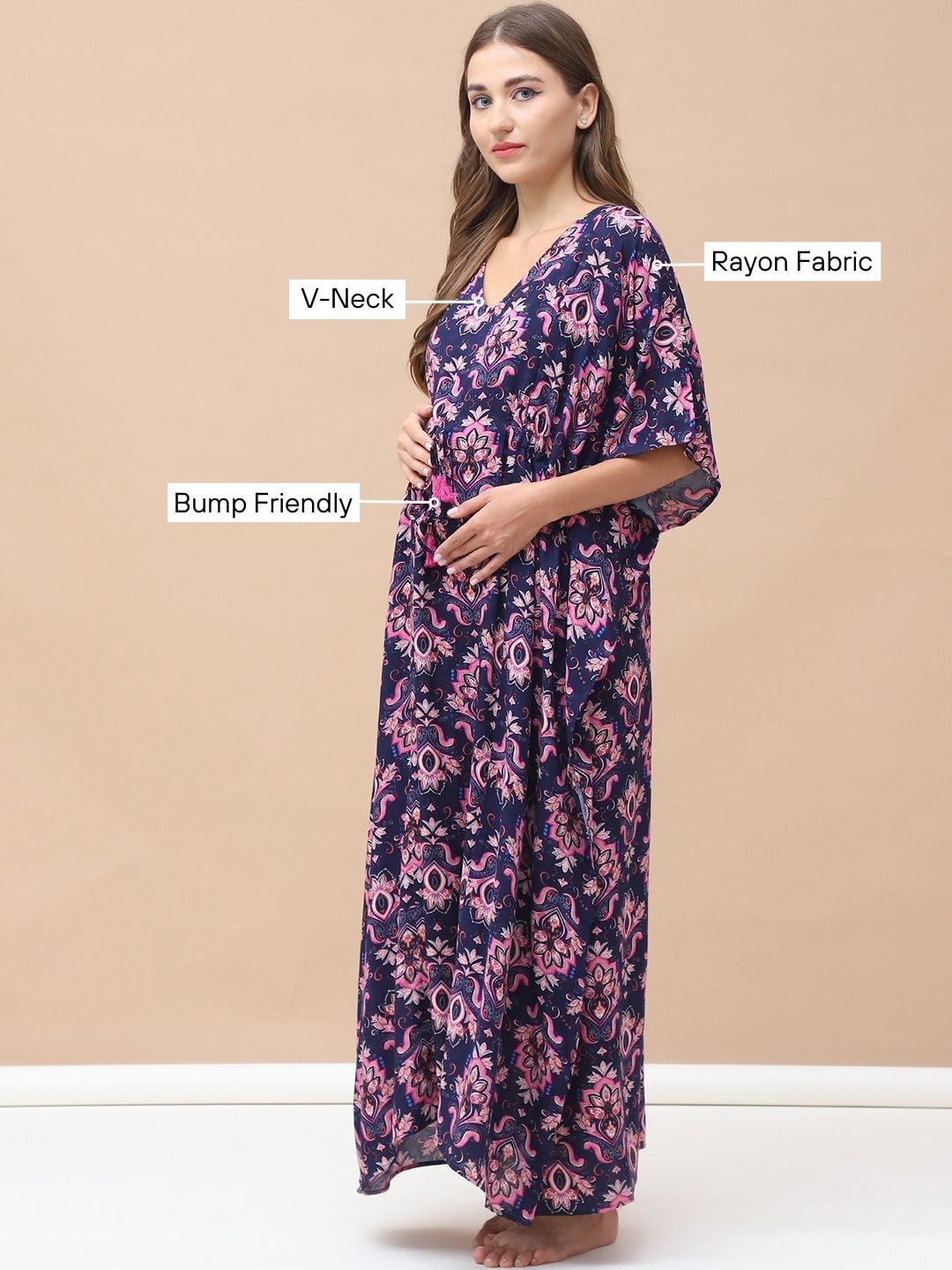 Printed Navy Blue Rayon Maternity Kaftan Full Length