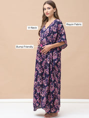 Printed Navy Blue Rayon Maternity Kaftan Full Length