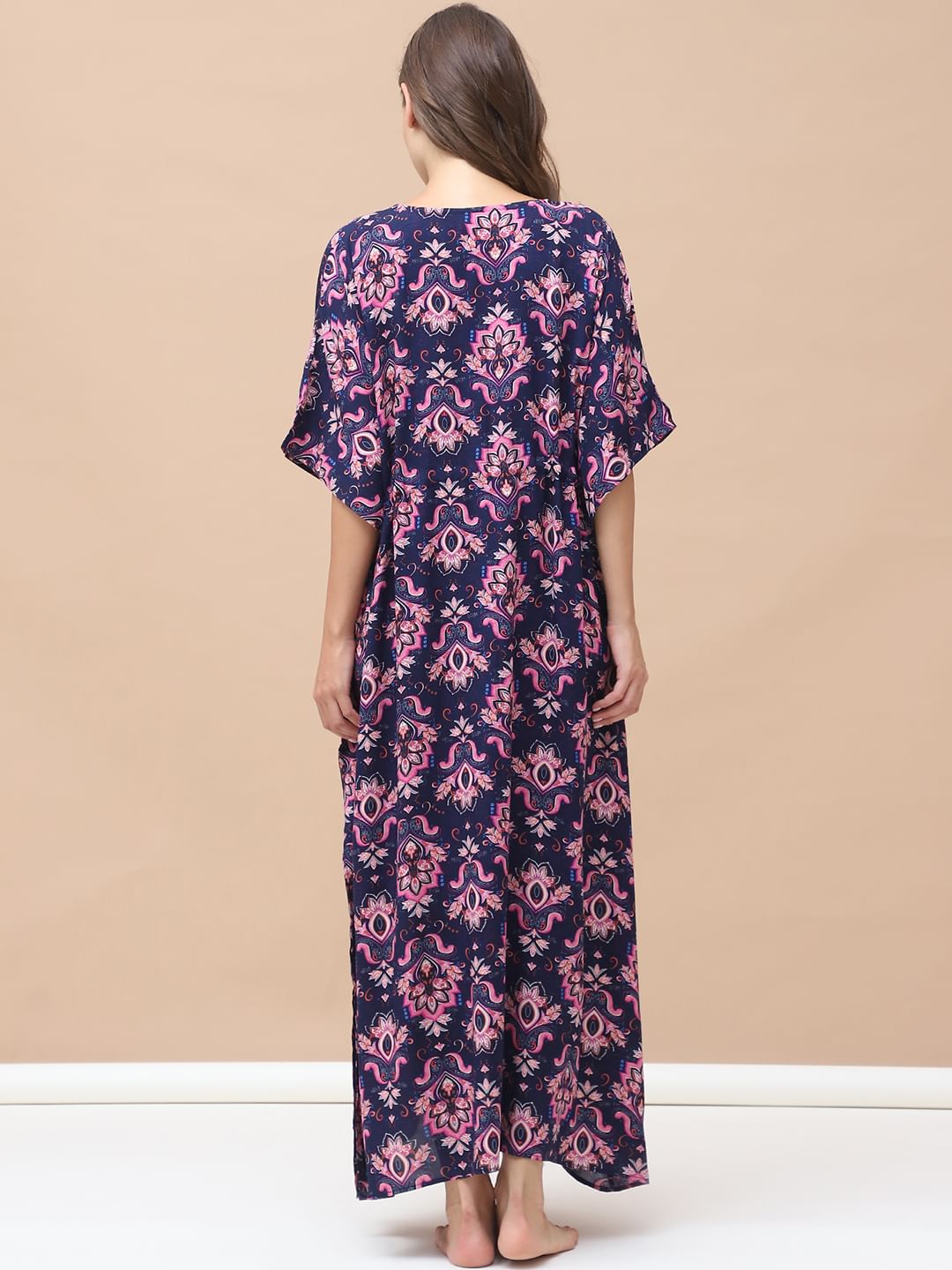 Printed Navy Blue Rayon Maternity Kaftan Full Length