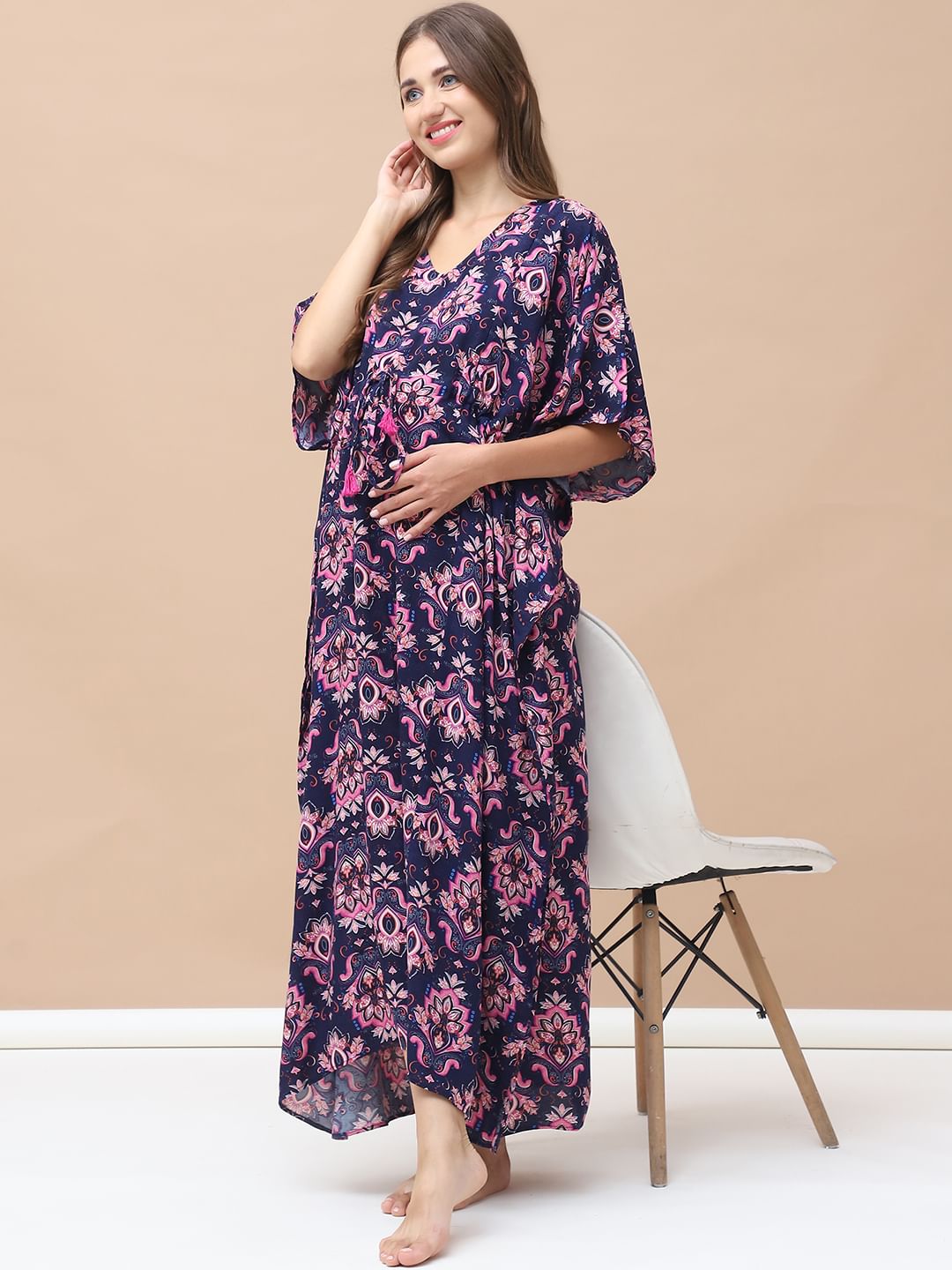 Printed Navy Blue Rayon Maternity Kaftan Full Length