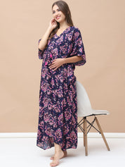 Printed Navy Blue Rayon Maternity Kaftan Full Length