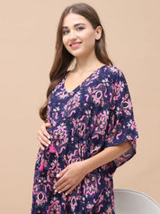 Printed Navy Blue Rayon Maternity Kaftan Full Length