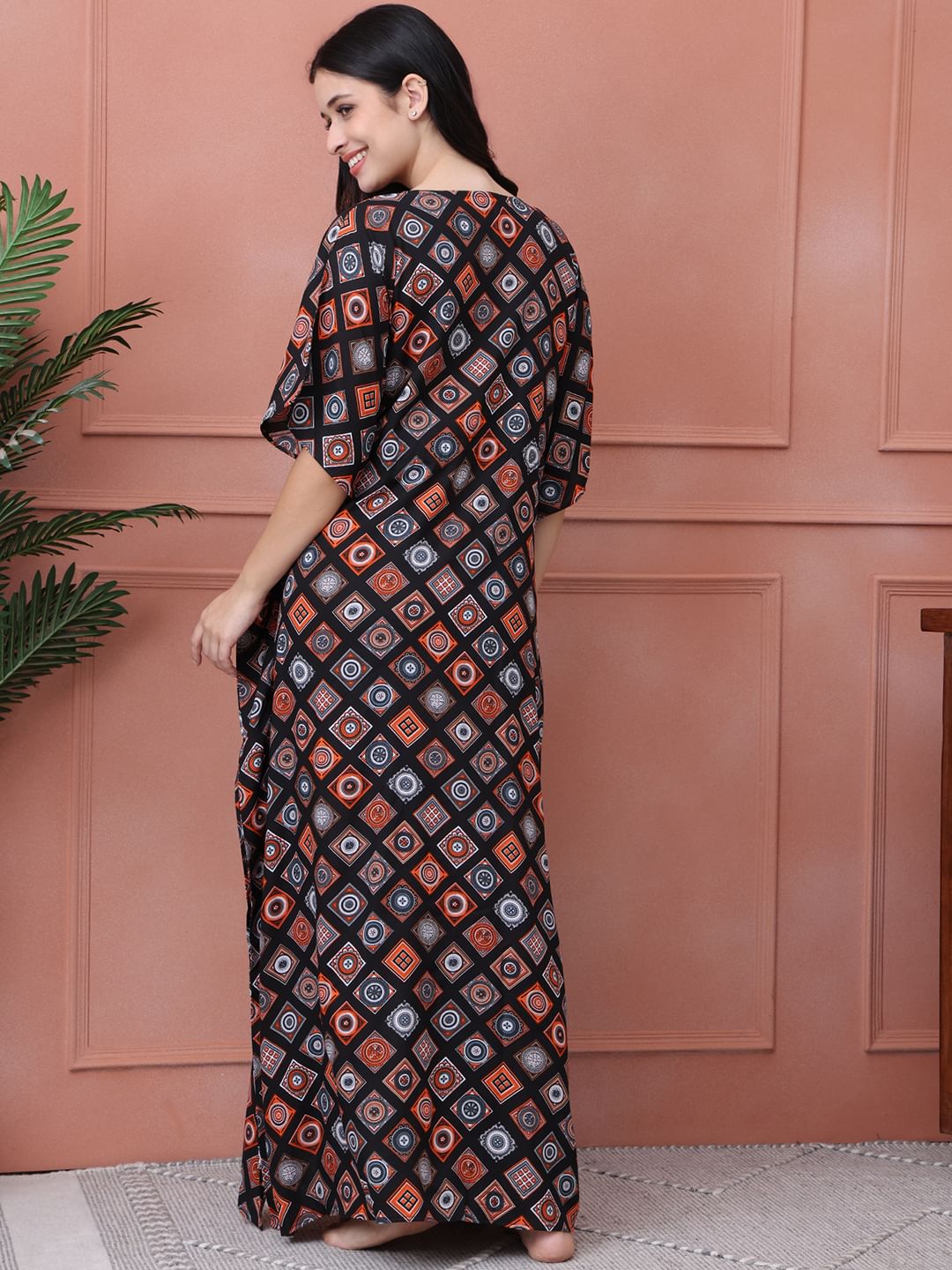 Geometric Black Rayon Maternity Kaftan