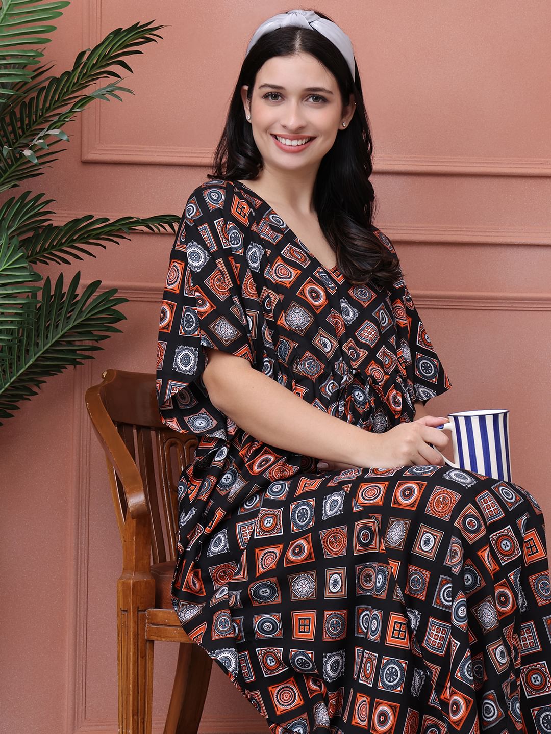Geometric Black Rayon Maternity Kaftan