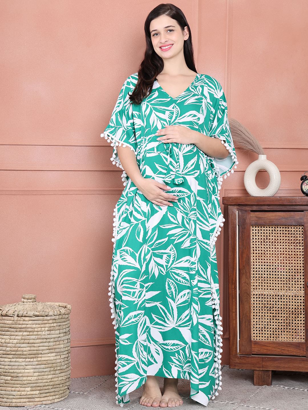Secret Wish Green Floral Rayon Maternity Kaftan Full Length
