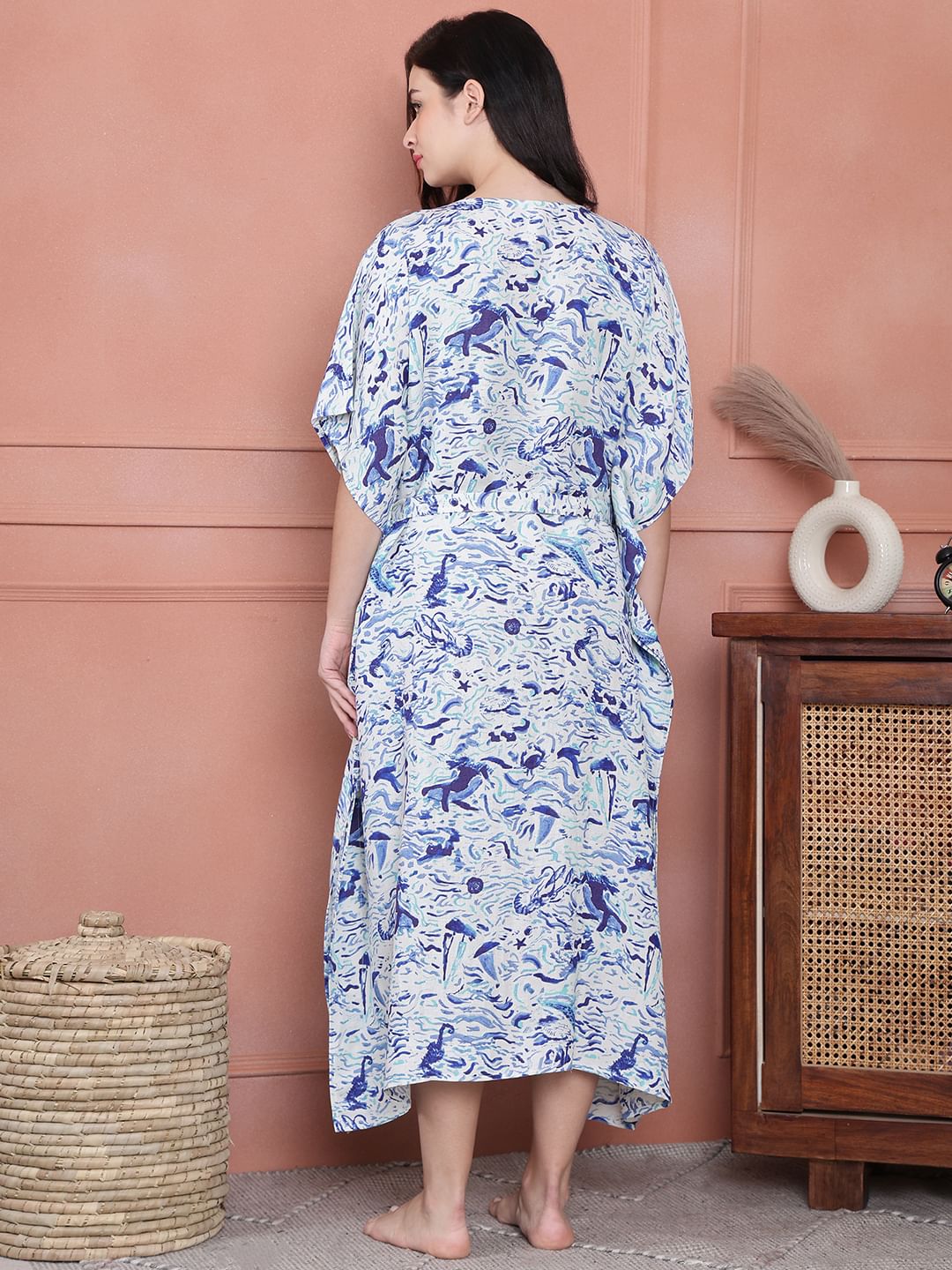 Secret Wish Blue Floral Rayon Maternity Kaftan Calf Length
