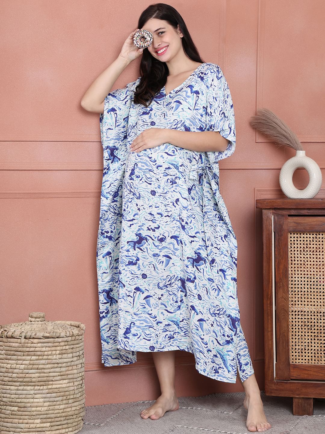 Secret Wish Blue Floral Rayon Maternity Kaftan Calf Length