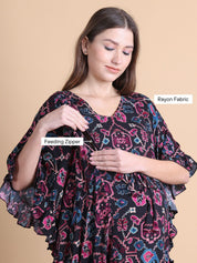 Secret Wish Black Ikkat Printed Rayon Maternity Kaftan