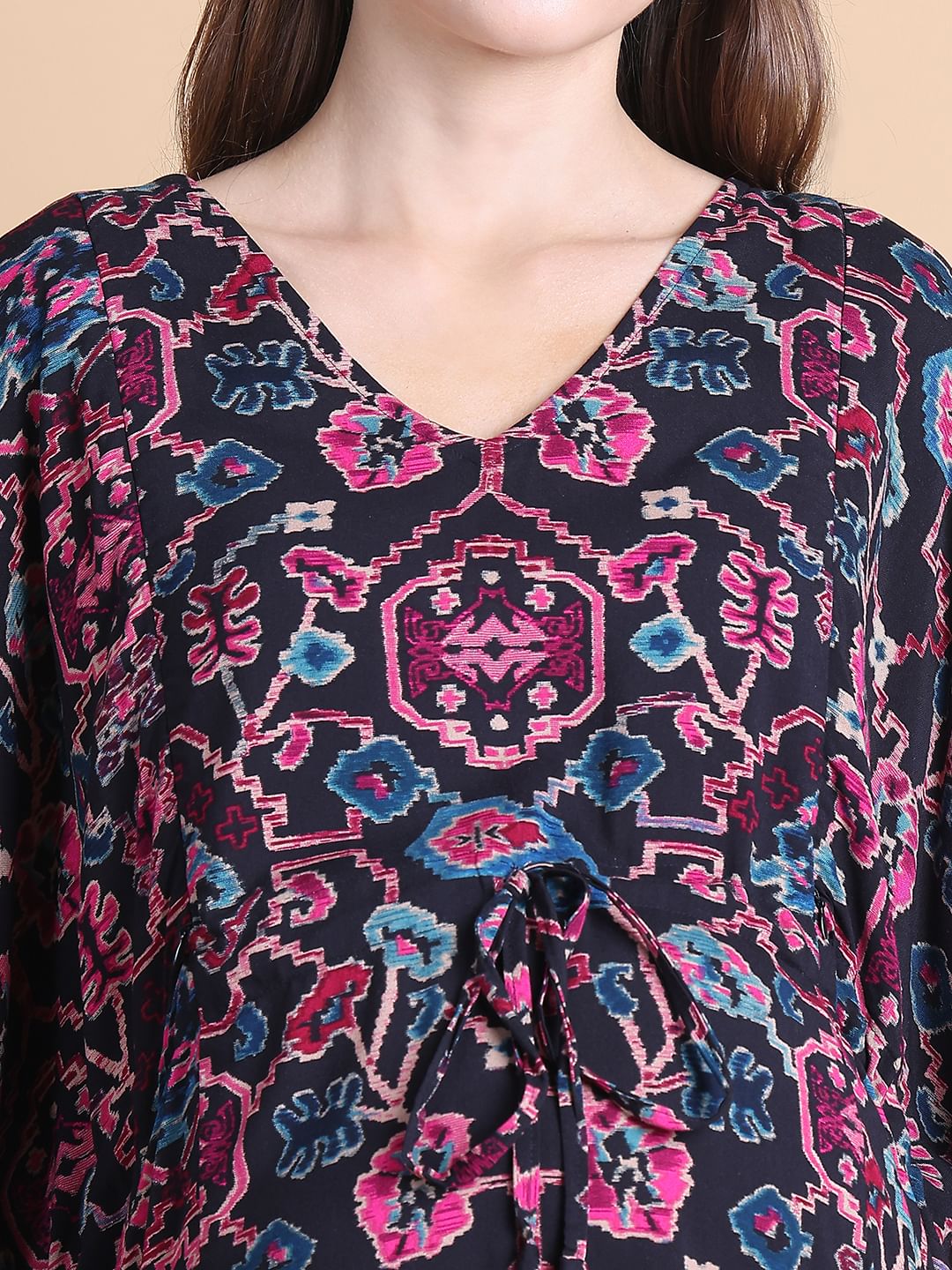 Secret Wish Black Ikkat Printed Rayon Maternity Kaftan