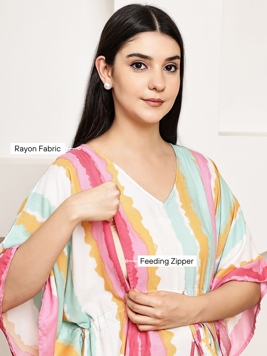 Secret Wish Multi-Coloured Striped Rayon Maternity Kaftan