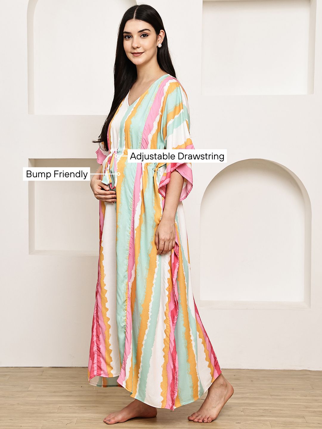 Secret Wish Multi-Coloured Striped Rayon Maternity Kaftan