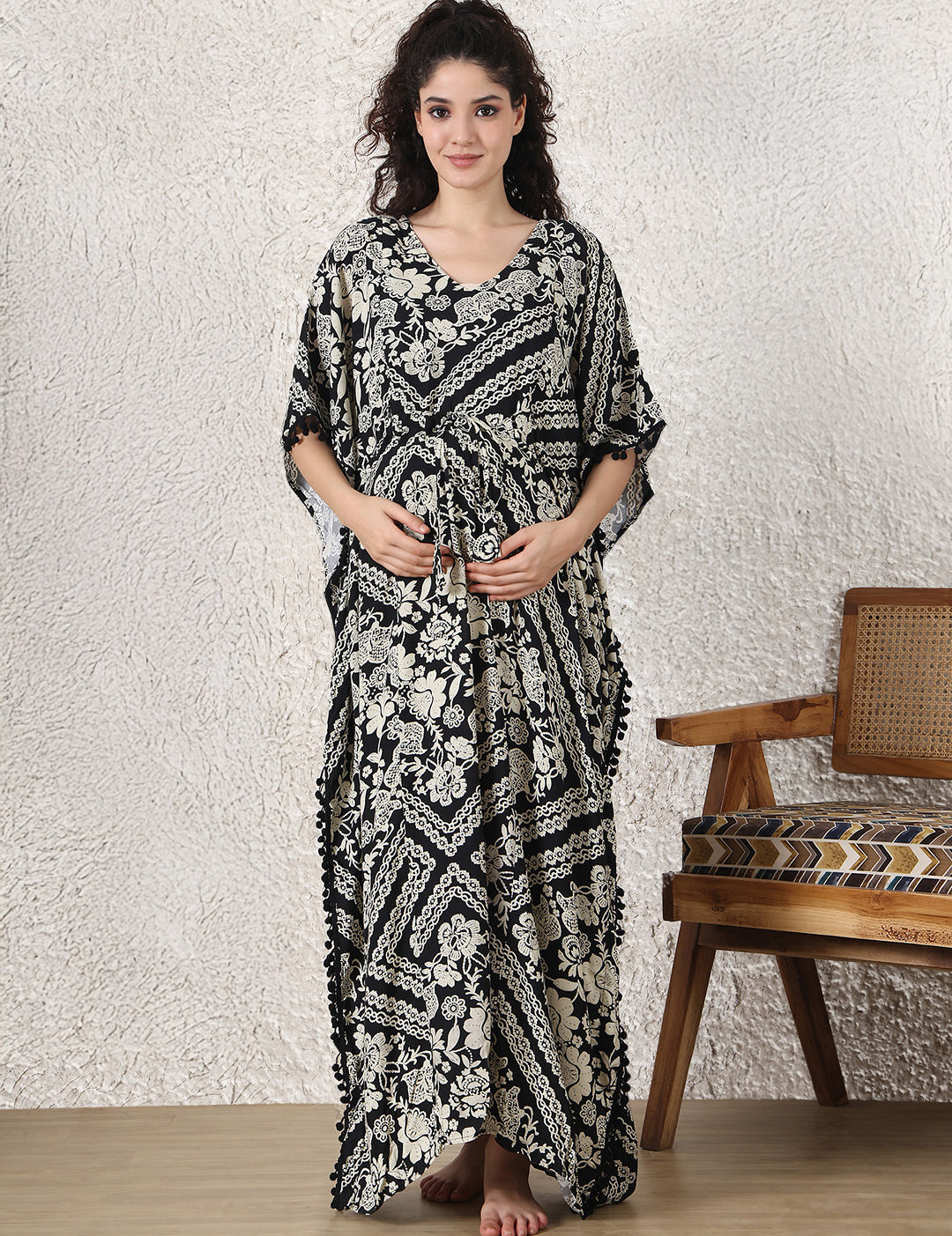 Black Floral Rayon Maternity Kaftan