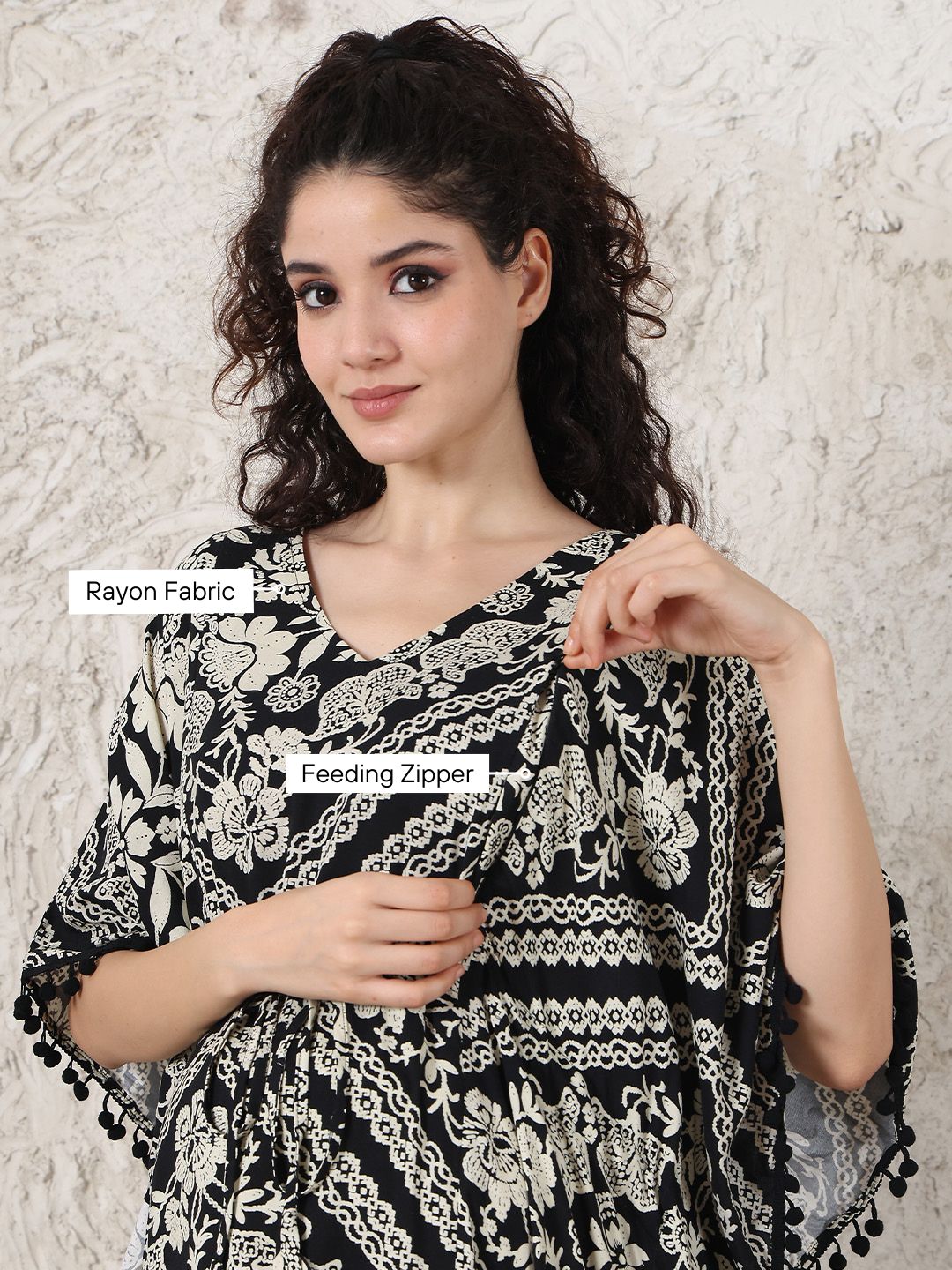 Secret Wish Black Floral Rayon Maternity Kaftan
