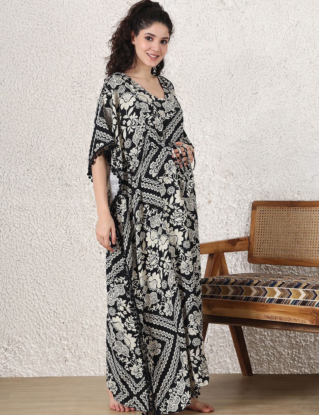 Black Floral Rayon Maternity Kaftan