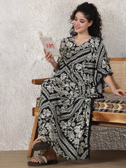Black Floral Rayon Maternity Kaftan
