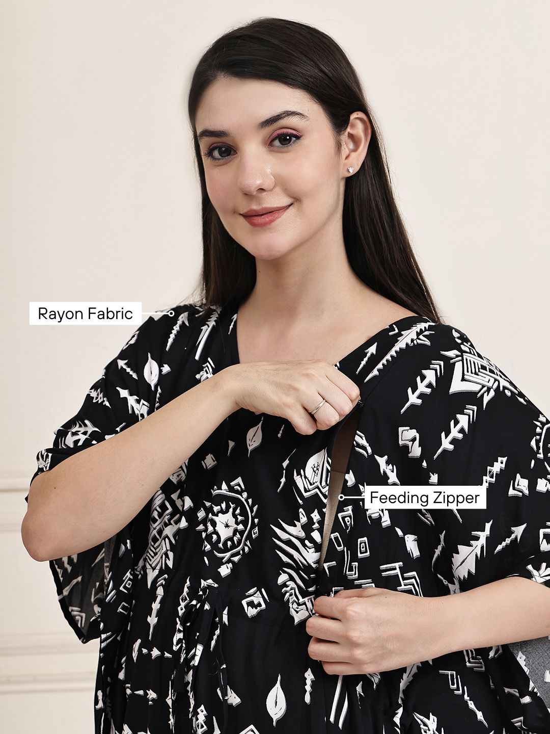 Black Abstract Rayon Maternity Kaftan