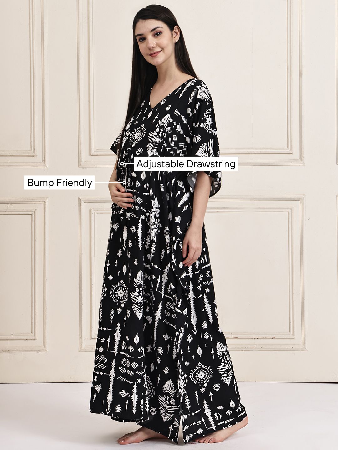 Black Abstract Rayon Maternity Kaftan