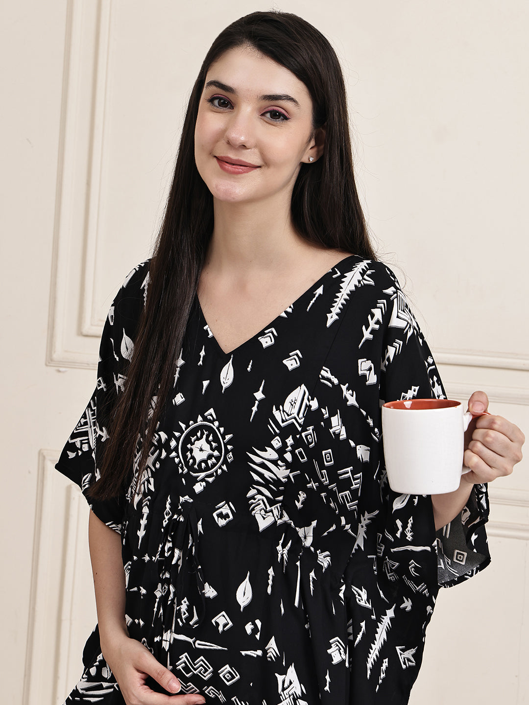 Black Abstract Rayon Maternity Kaftan