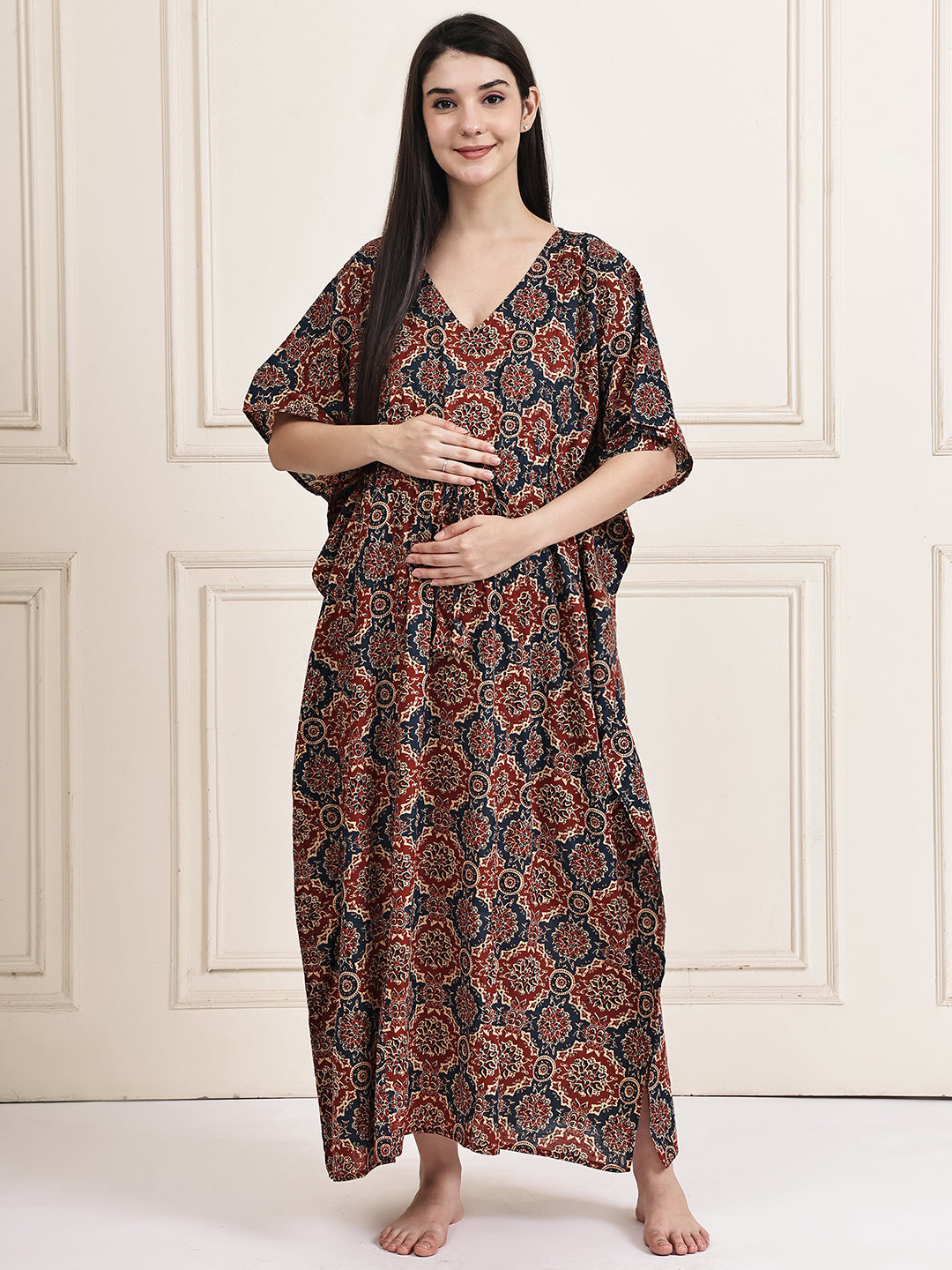 Brown Block Print Cotton Maternity Kaftan